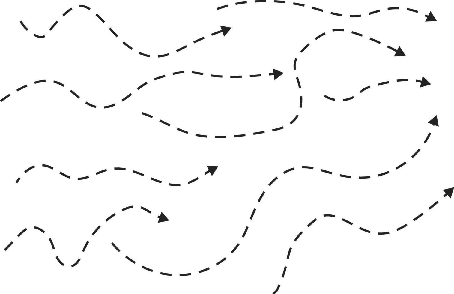 Curved dotted arrow icon set. Long dashed hand drawn squiggle. drawn squiggle. Arrow icons collection vector
