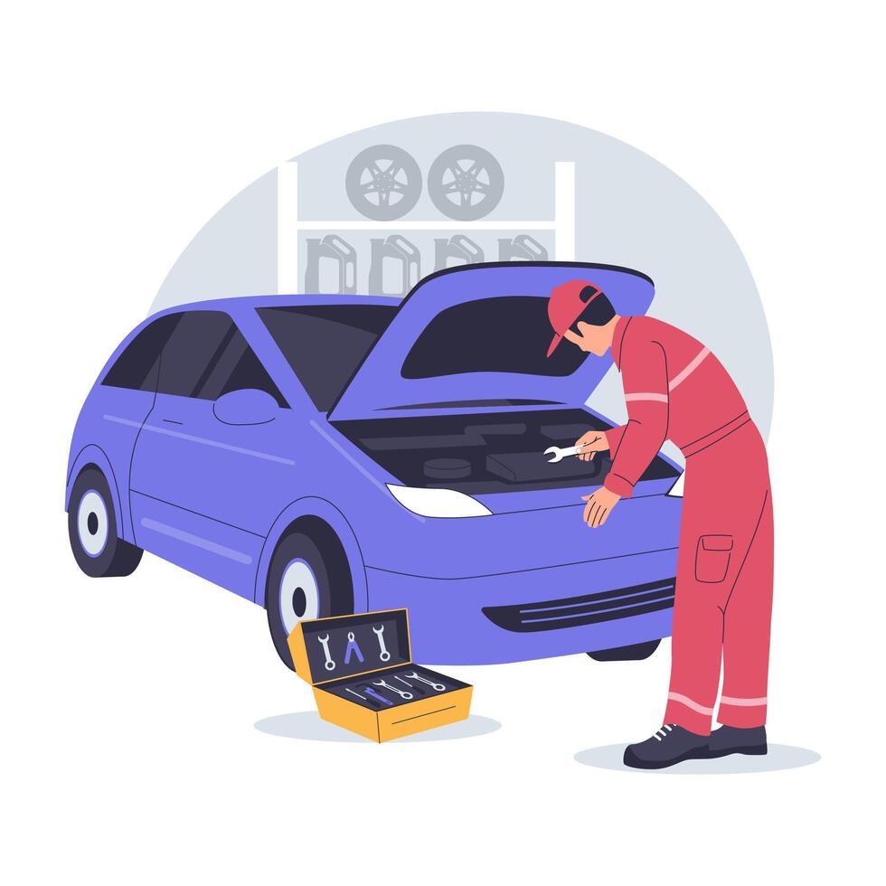 Car Mechanic Repairing Engine in Workshop vector