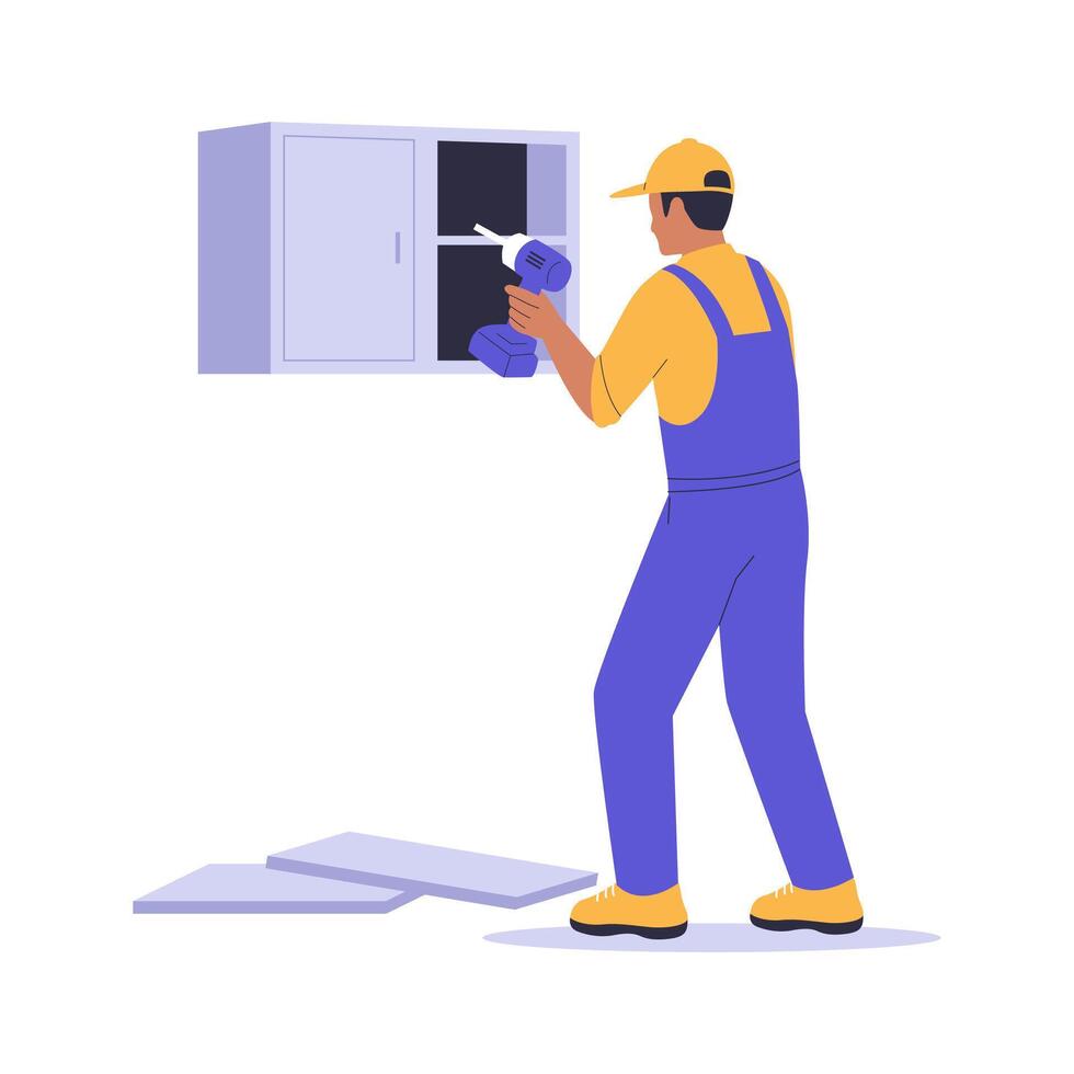 Illustration of a Home Repairman Installing a Cabinet with Drill vector