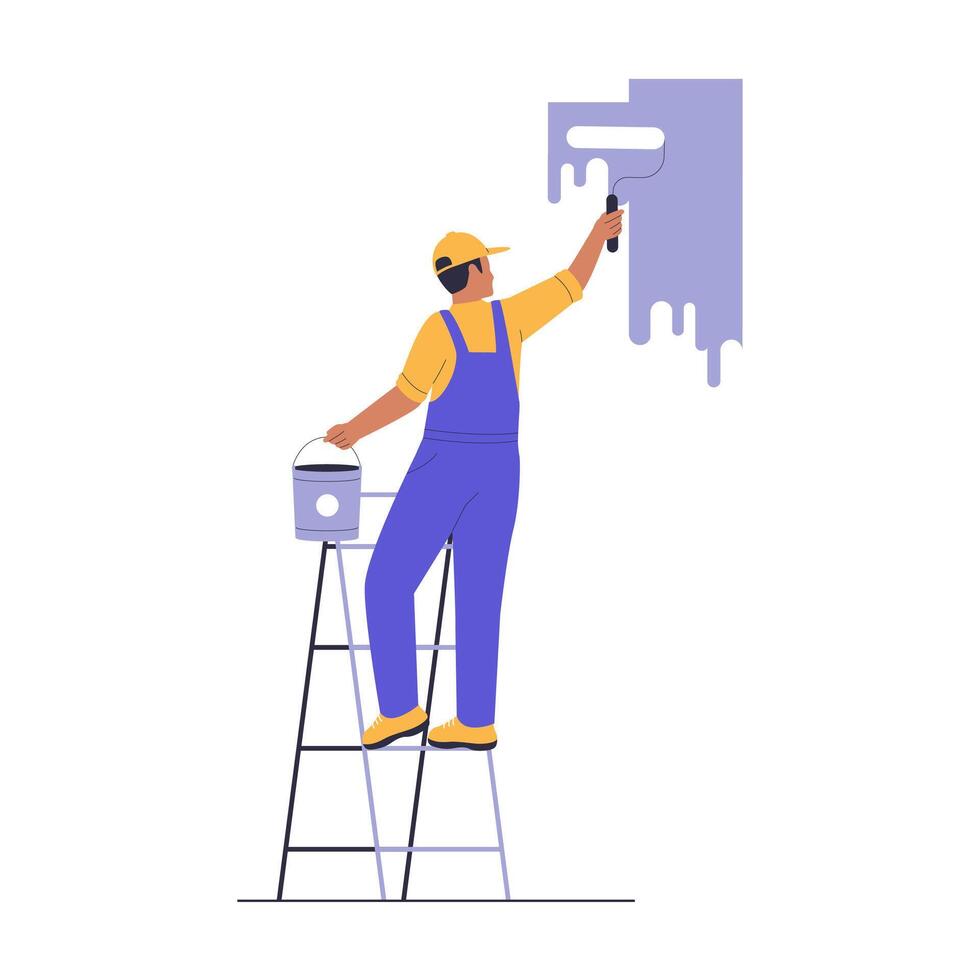 Illustration of a Home Repairman Painting a Wall Using a Ladder vector