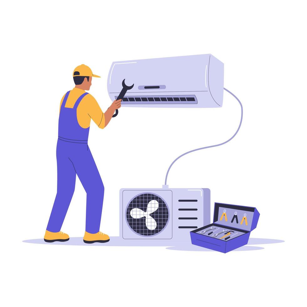 Illustration of a Home Repairman Fixing an Air Conditioner with Toolbox vector