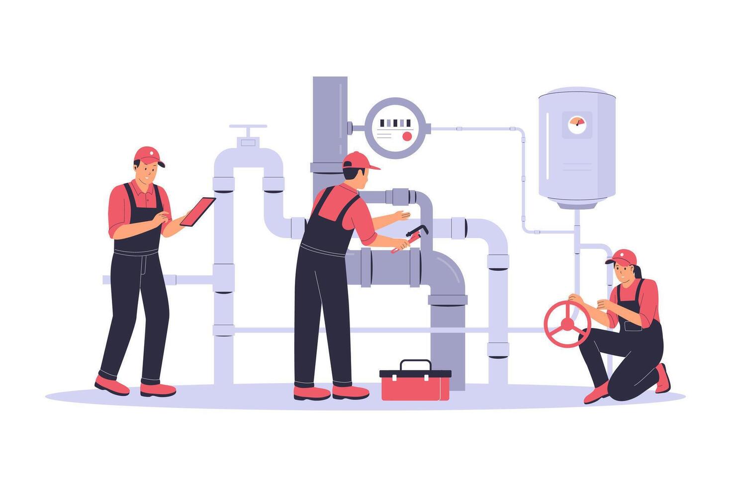 Plumbers Working on Pipes with Toolbox and Pressure Gauge Illustration vector