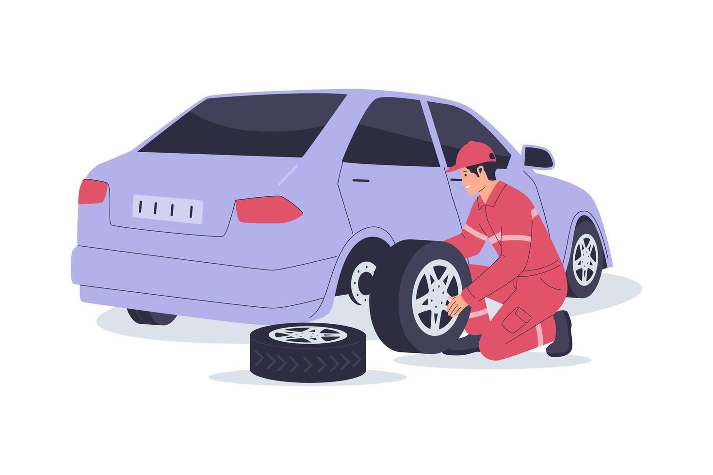 Illustration of Mechanic Changing Car Tire vector