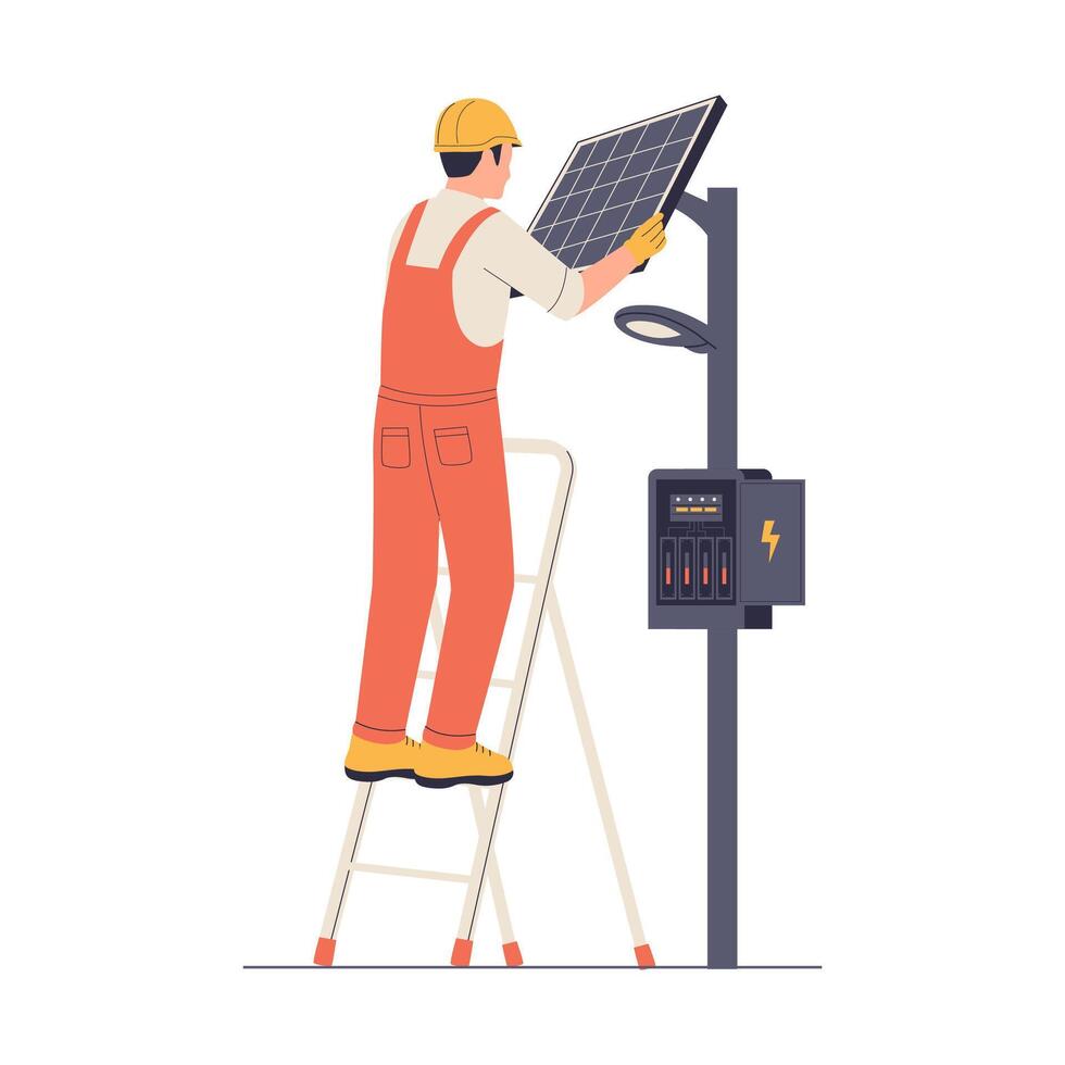 Electrician Installing Solar Panel on Street Light vector