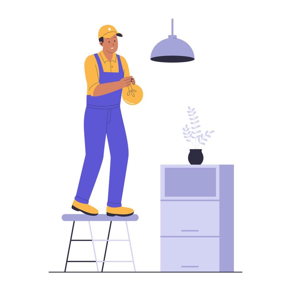 Illustration of a Home Repairman Changing a Lightbulb on a Ladder vector