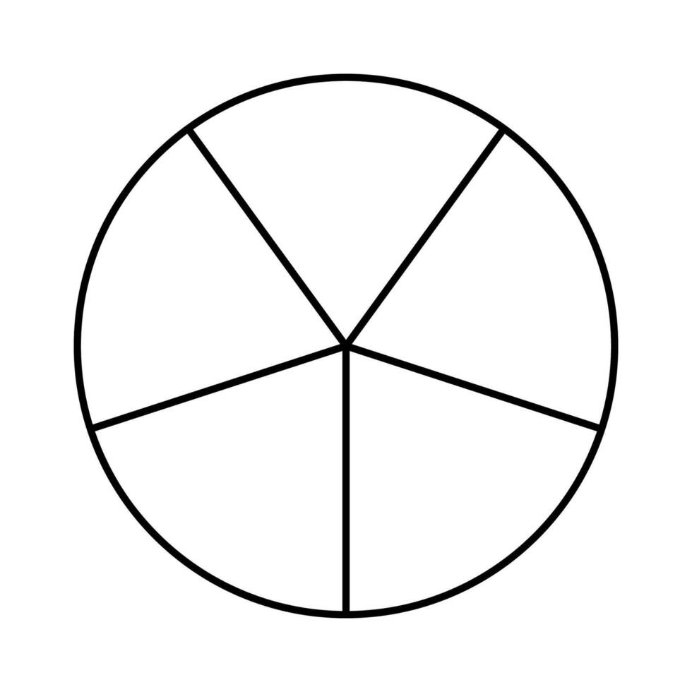 Circle divided in 5 segments. Pizza, pie round shape cut in five equal slices. Outline style. Minimalist black line chart. vector