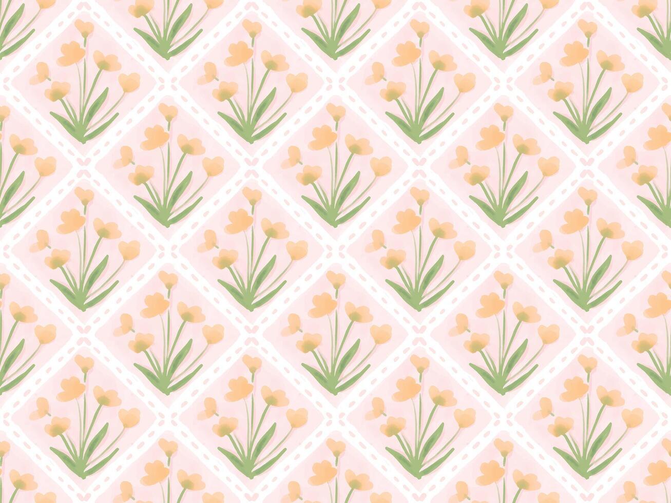 watercolor block print yellow tulip flower on pink seamless pattern background vector