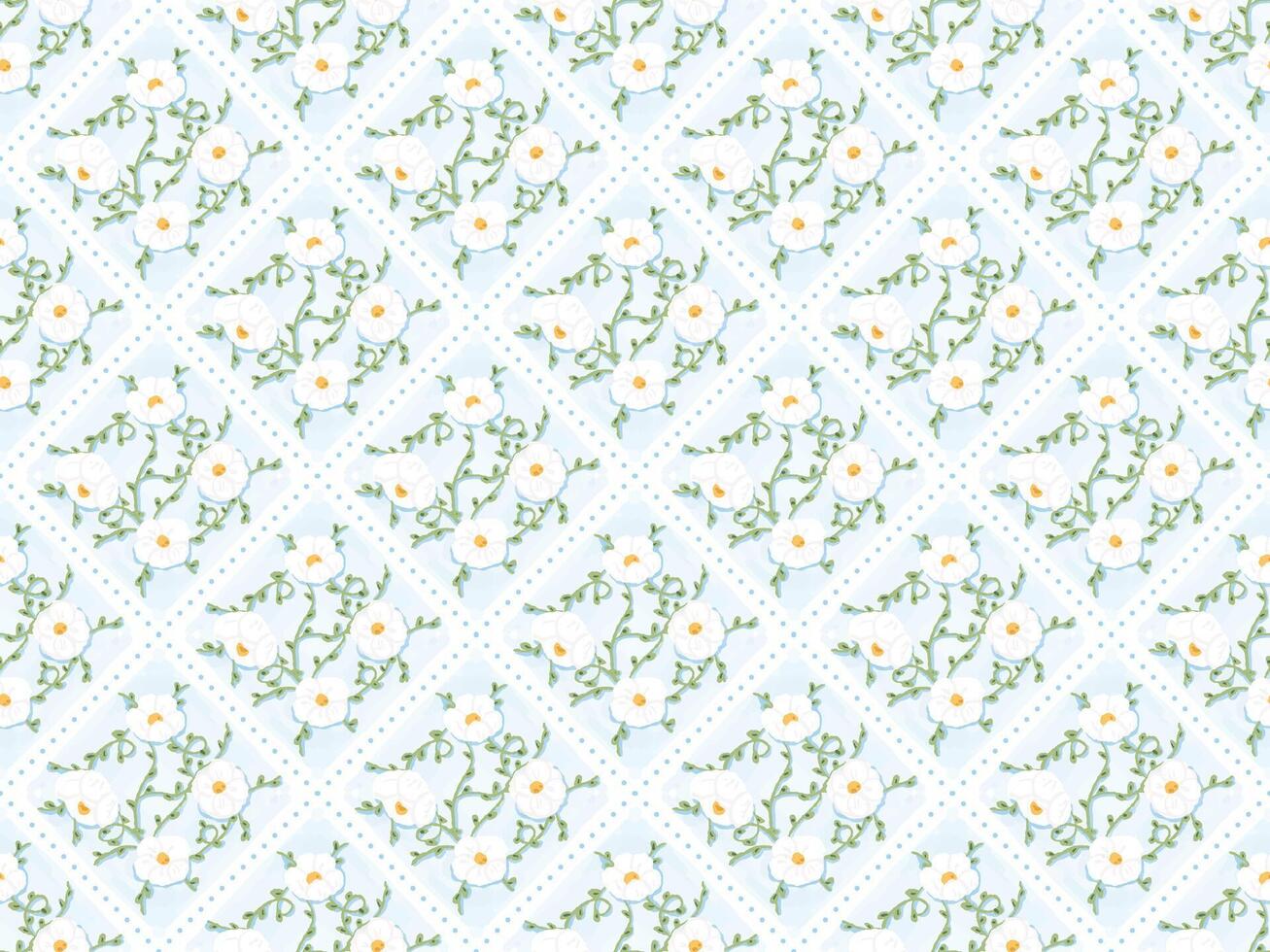 watercolor cute pastel white flower on blue background block print seamless pattern vector