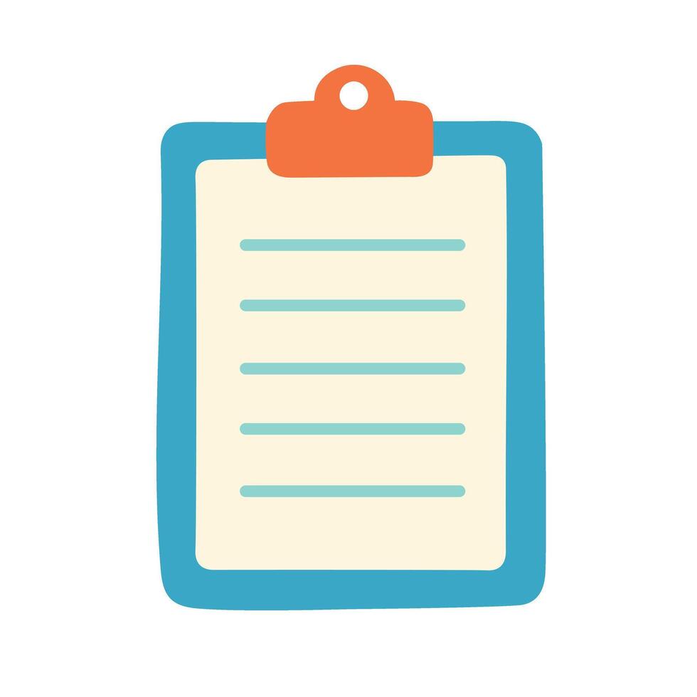 Flat cartoon illustration of clipboard with a document. School or office stationery element. vector
