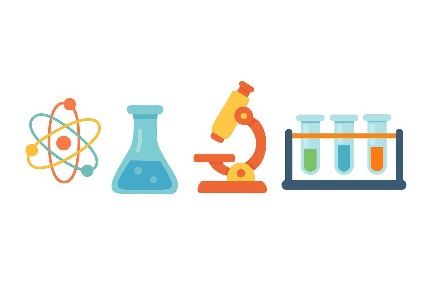 Cartoon science equipment set with microscope, atom, flasks and test tubes. Flat illustration for education. vector