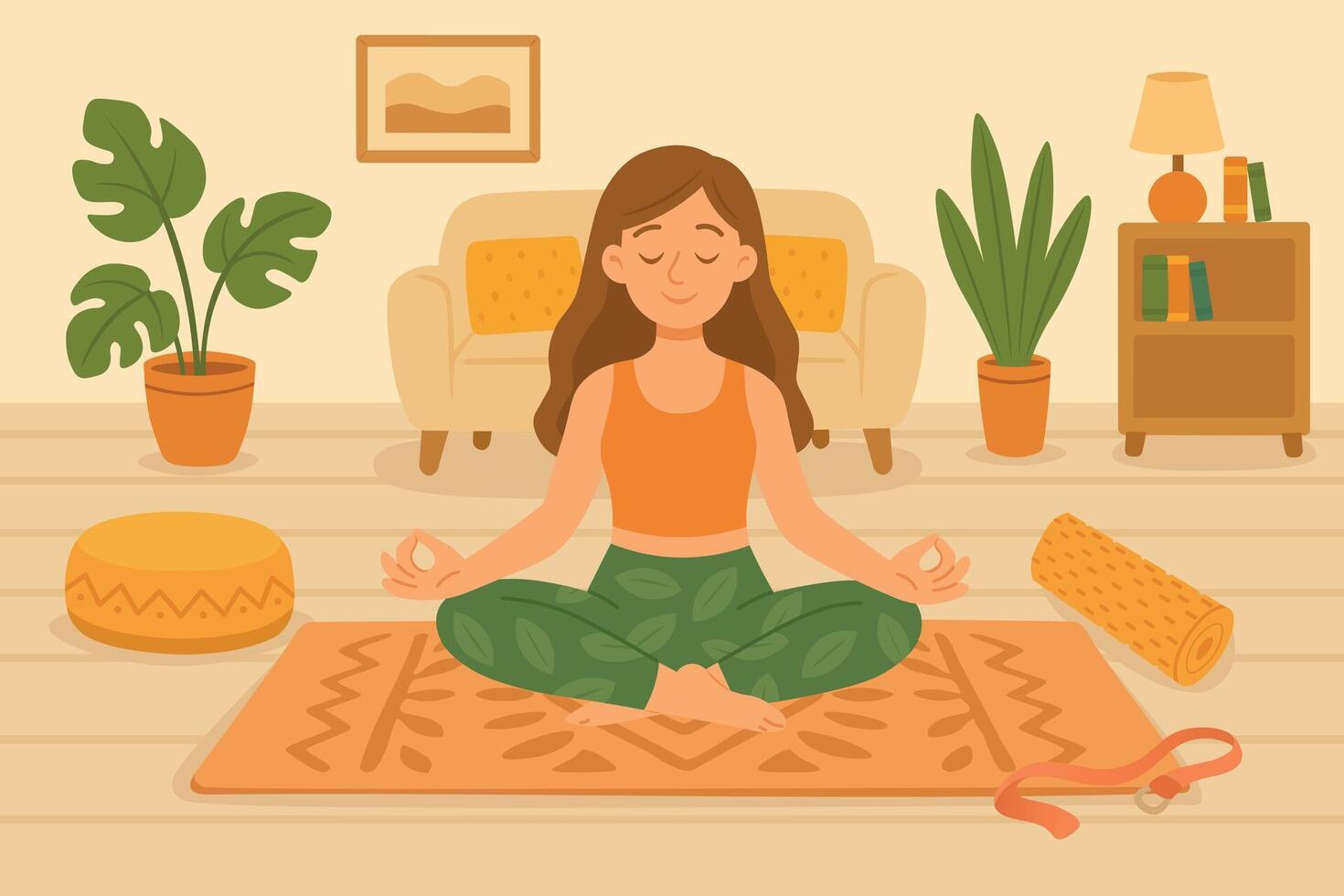 Girl doing yoga and meditating indoors on a mat with cozy home interior elements. vector