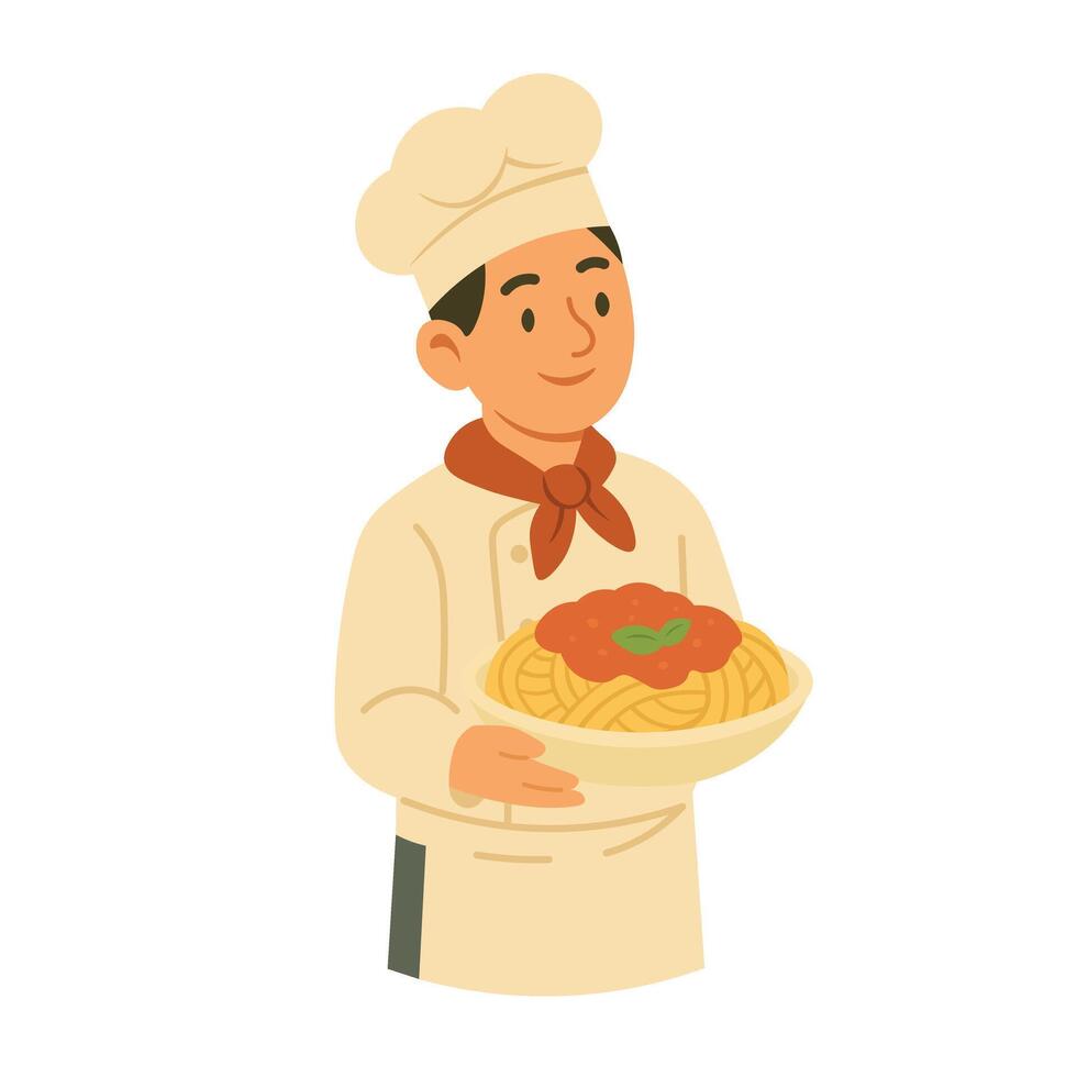 Young smiling chef holding a pasta dish with tomato sauce, isolated, flat cartoon style. vector