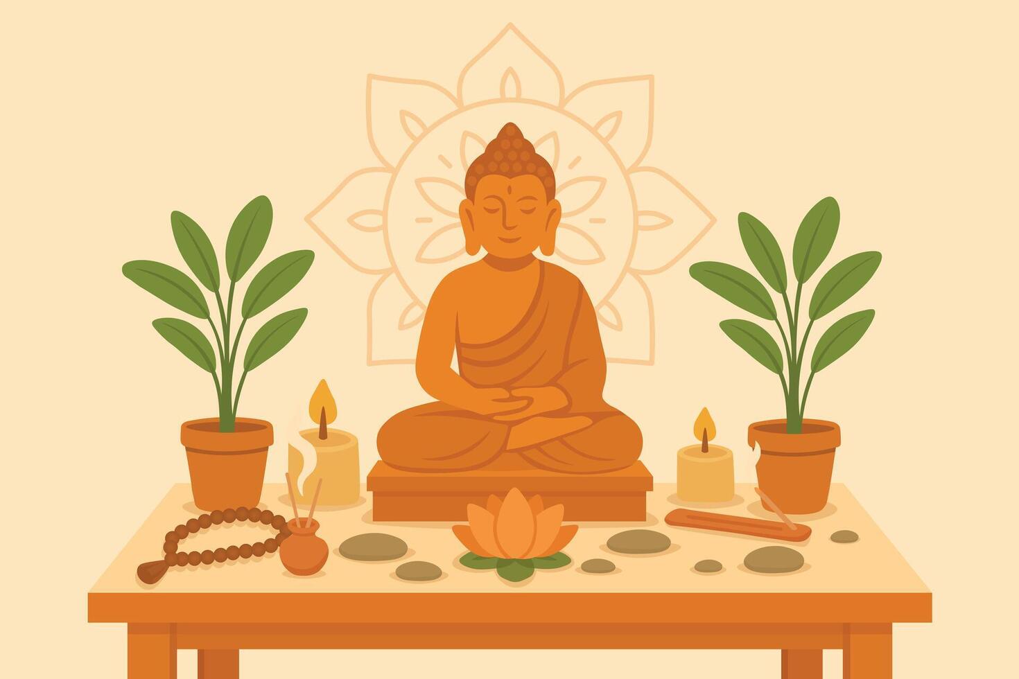 illustration of a peaceful Buddha altar with candles, incense, plants and beads for meditation. vector
