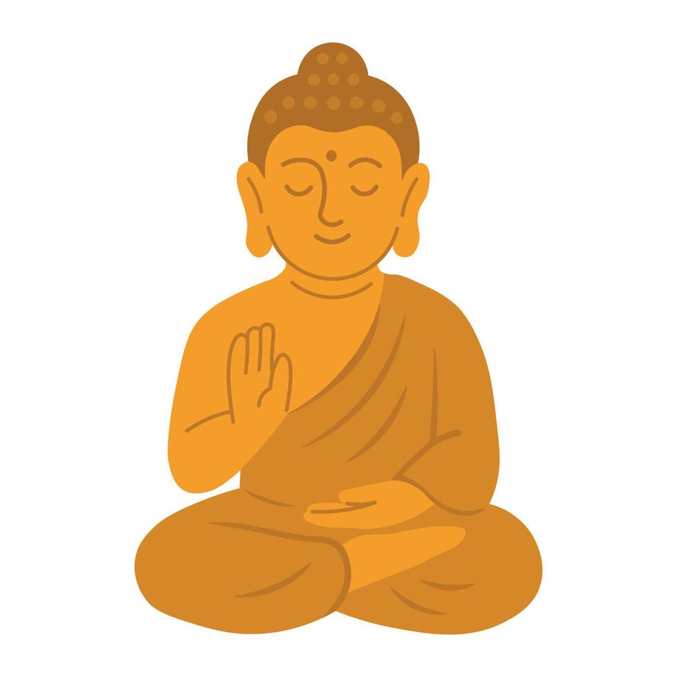 Flat cartoon Buddha in meditation pose with raised hand. Peaceful icon for yoga and spirituality themes. vector