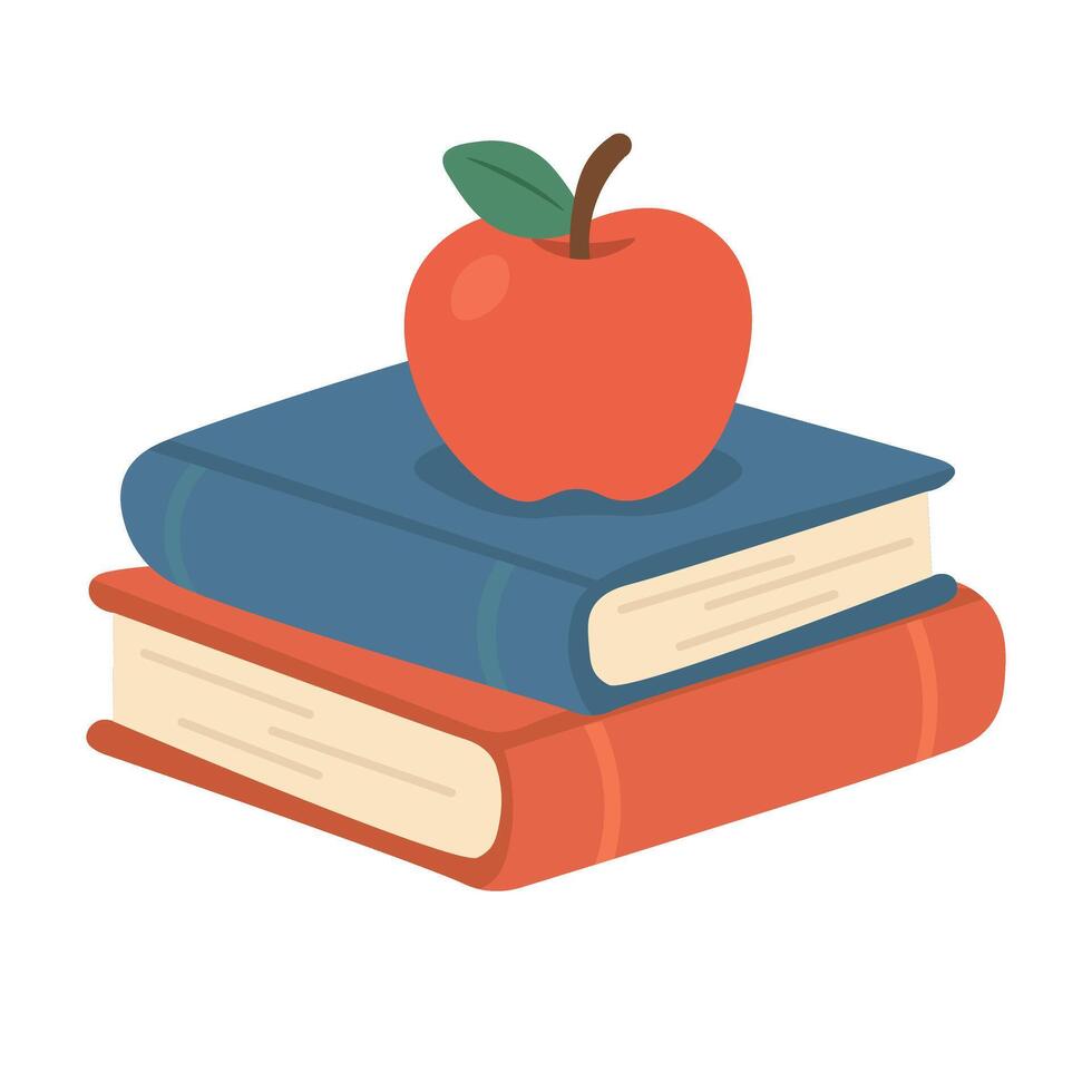 Two stacked books with a red apple on top. Cute flat cartoon illustration for school, teacher, or learning concepts. vector
