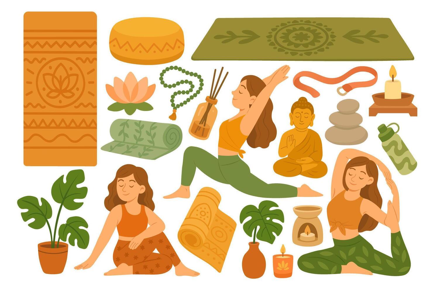 Colorful yoga collection with poses, props, plants and calm elements. vector