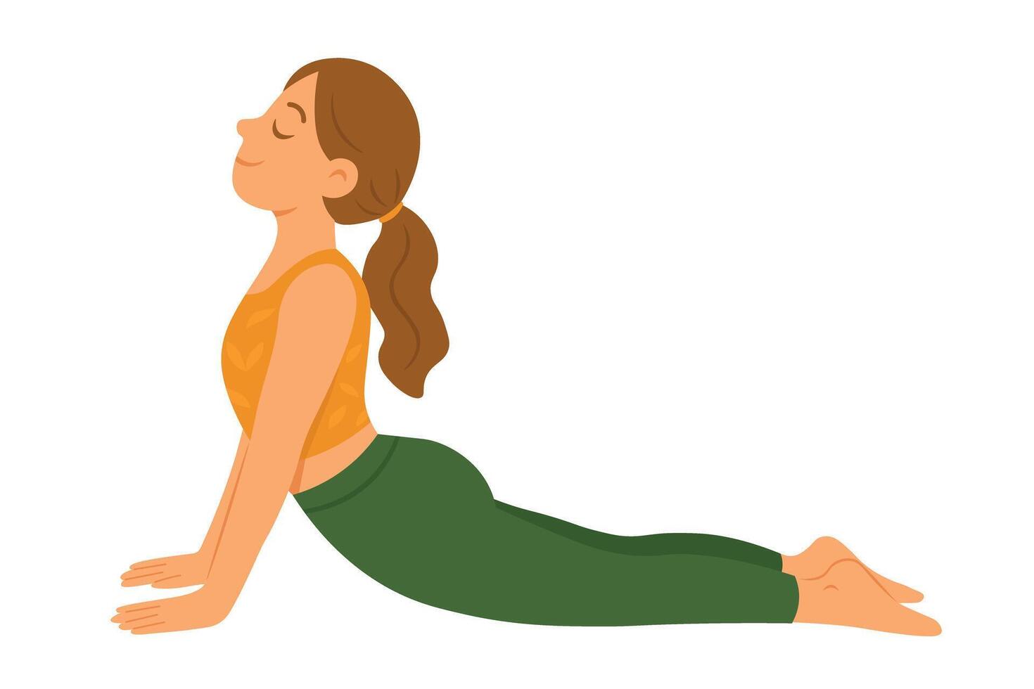 Young woman practicing cobra yoga pose with calm expression, wearing orange top and green pants. vector