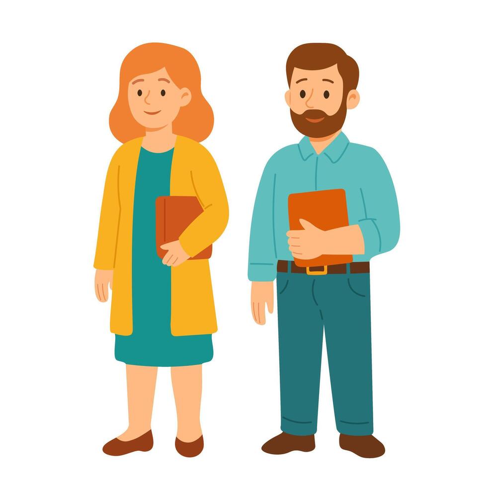 WebVector flat cartoon of two teachers standing with books. Man and woman in school clothes. vector