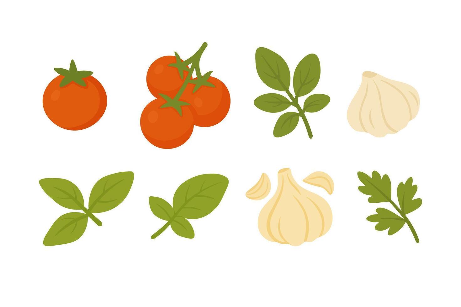 Fresh tomatoes, basil, garlic, and parsley cartoon ingredients in flat style for cooking and pasta recipes. vector