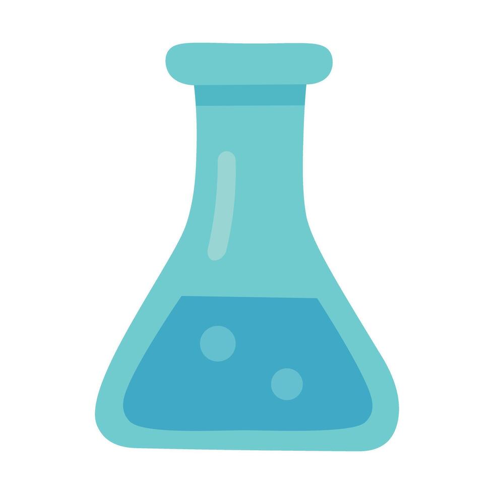 Cartoon style lab flask with blue liquid inside. flat doodle isolated science illustration. vector