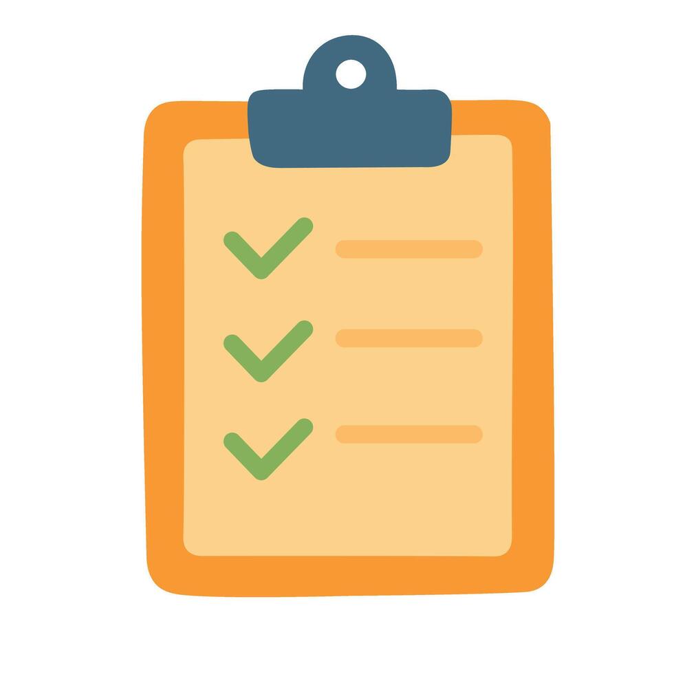 Cute flat illustration of a checklist on clipboard. Cartoon back to school clipart element. vector