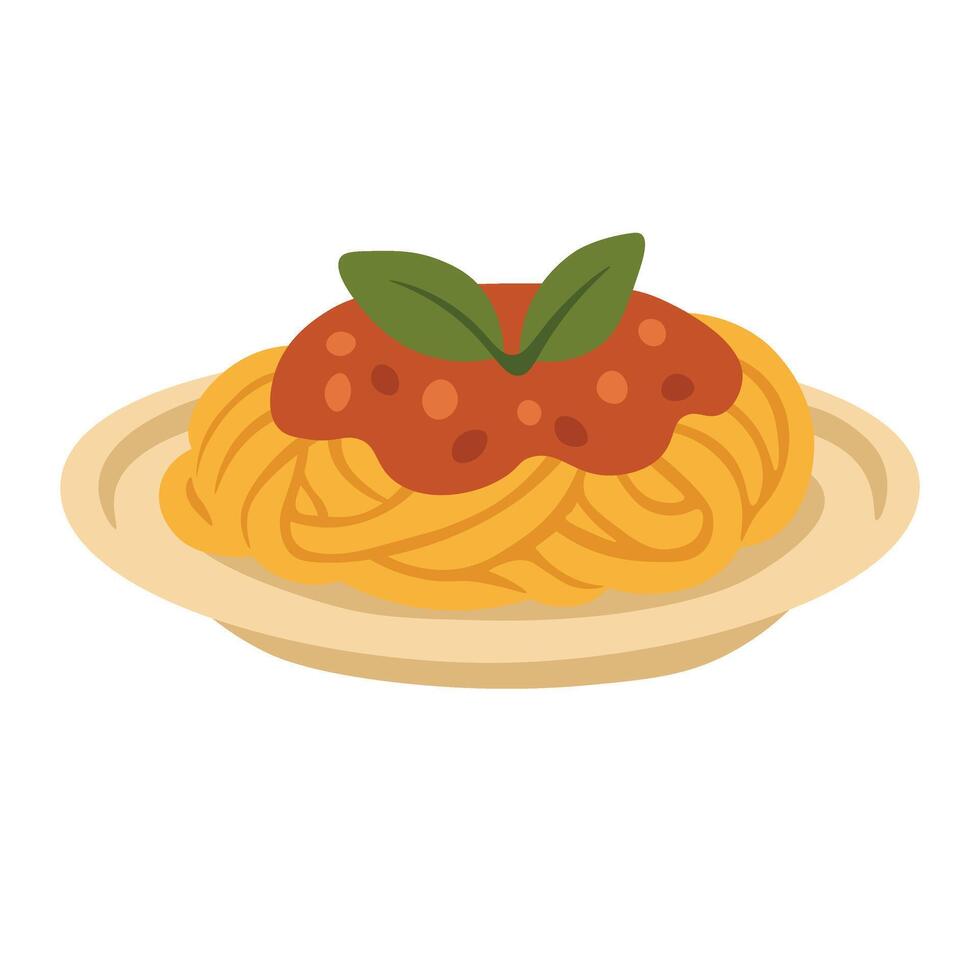 Delicious cartoon plate of spaghetti with tomato sauce and basil, isolated, flat food style. vector