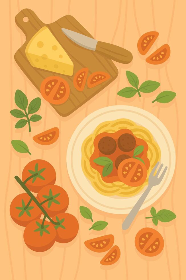 Cartoon pasta plate with tomato slices, basil leaves, cheese piece and knife on wooden table. vector