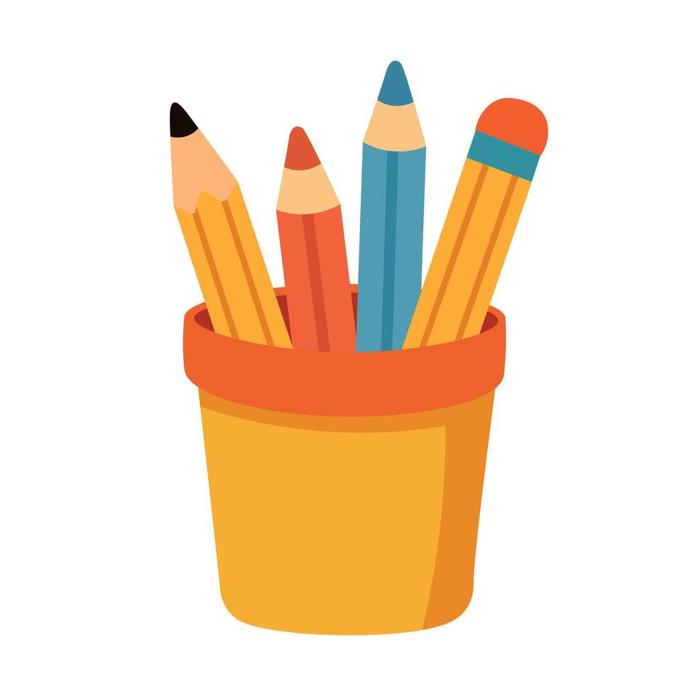 Cute illustration of a yellow pencil holder with four colorful pencils in cartoon style. Simple school or office stationery element on white background. vector