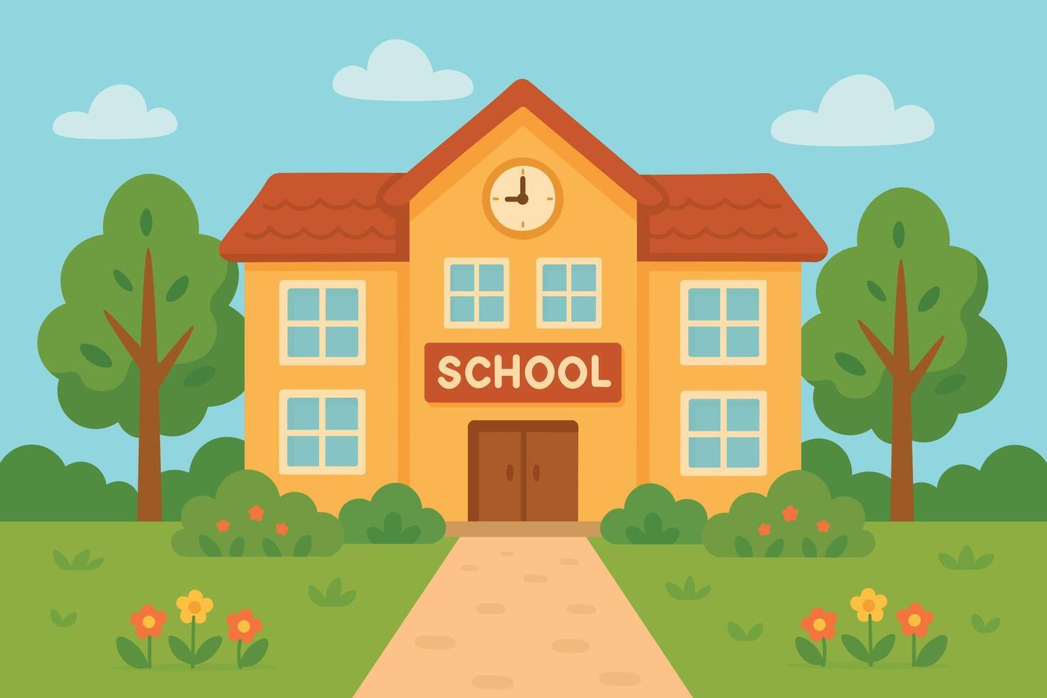 Cute cartoon school building with clock, trees, bushes and flowers in front. Flat illustration. vector