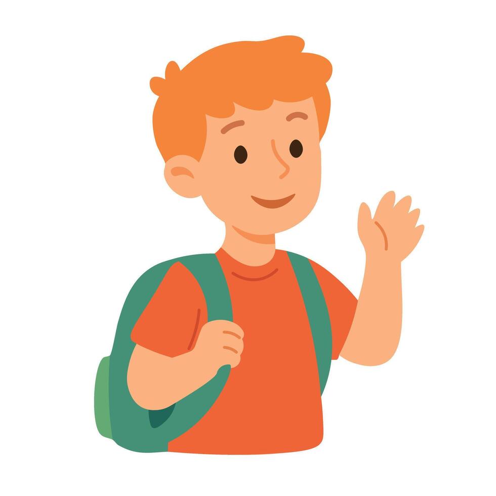 Smiling school boy with backpack waving hand. Cute flat cartoon illustration for education theme. vector