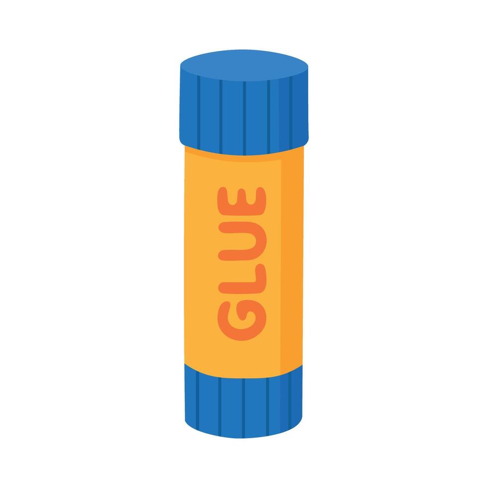 Bright yellow glue stick with blue caps and orange label in flat cartoon style. School or office stationery isolated on white background. vector