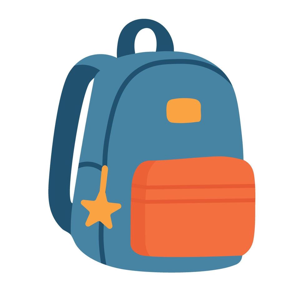 Flat cartoon-style school backpack with orange pocket and yellow star keychain. Colorful student bag illustration. vector