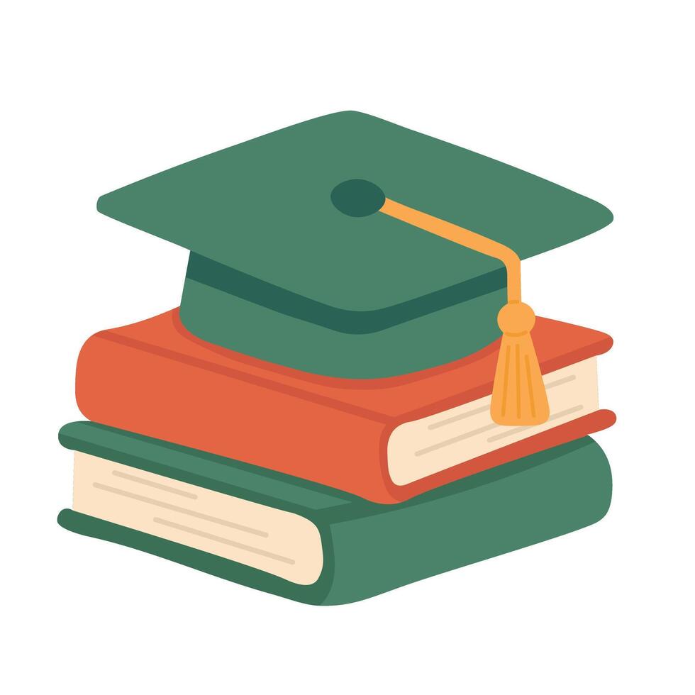 Two books with a green graduation cap on top. cartoon illustration for school or university themes. vector