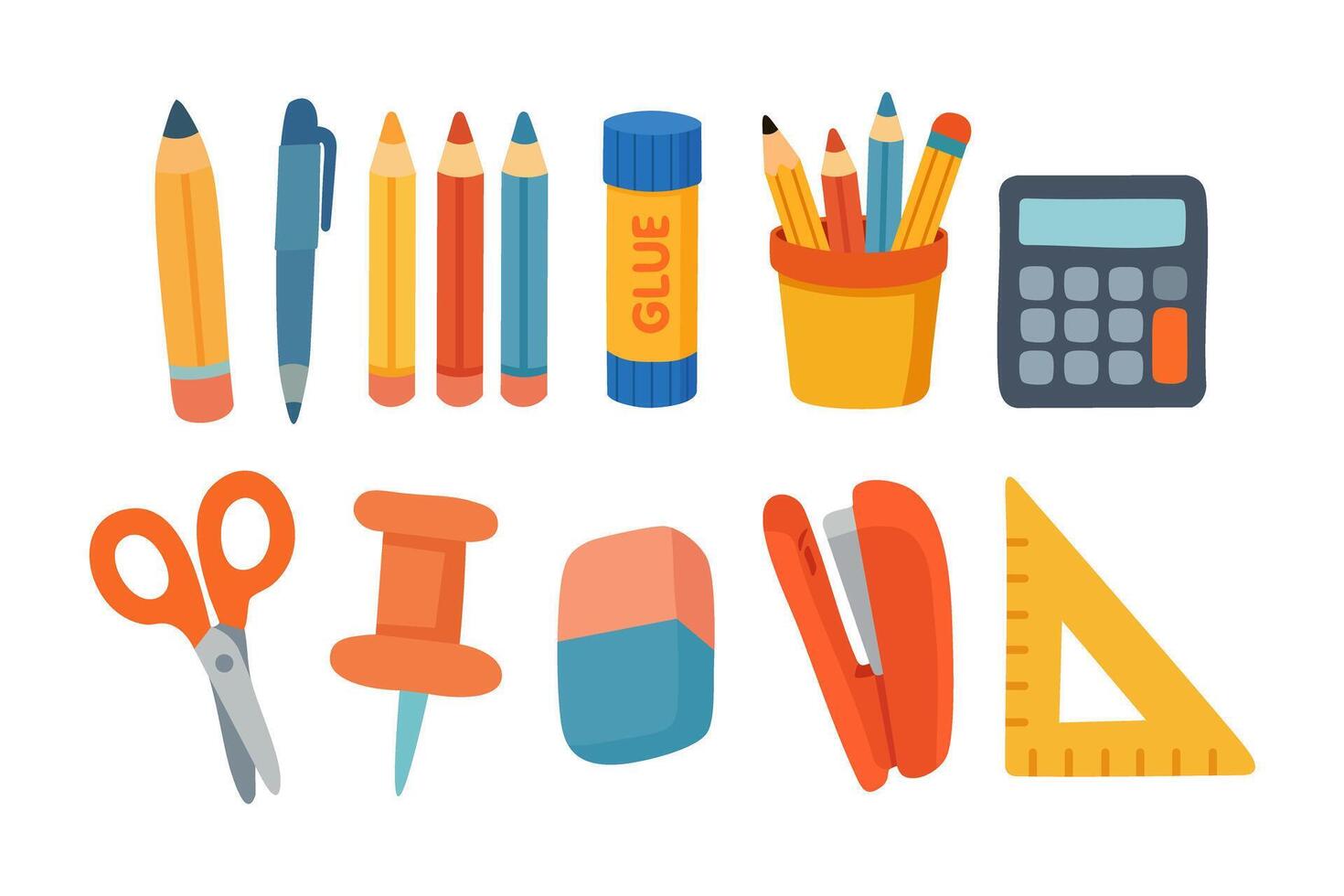 Cartoon flat of school stationery items pencils, ruler, glue, scissors, calculator, eraser, stapler. vector