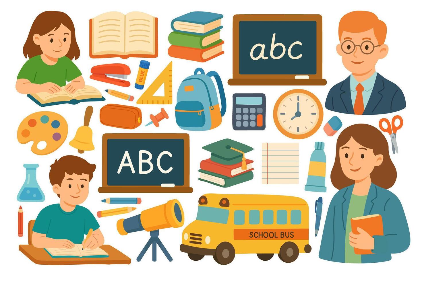 Big cartoon set with students, teachers, chalkboards, books, school supplies, and education tools. vector