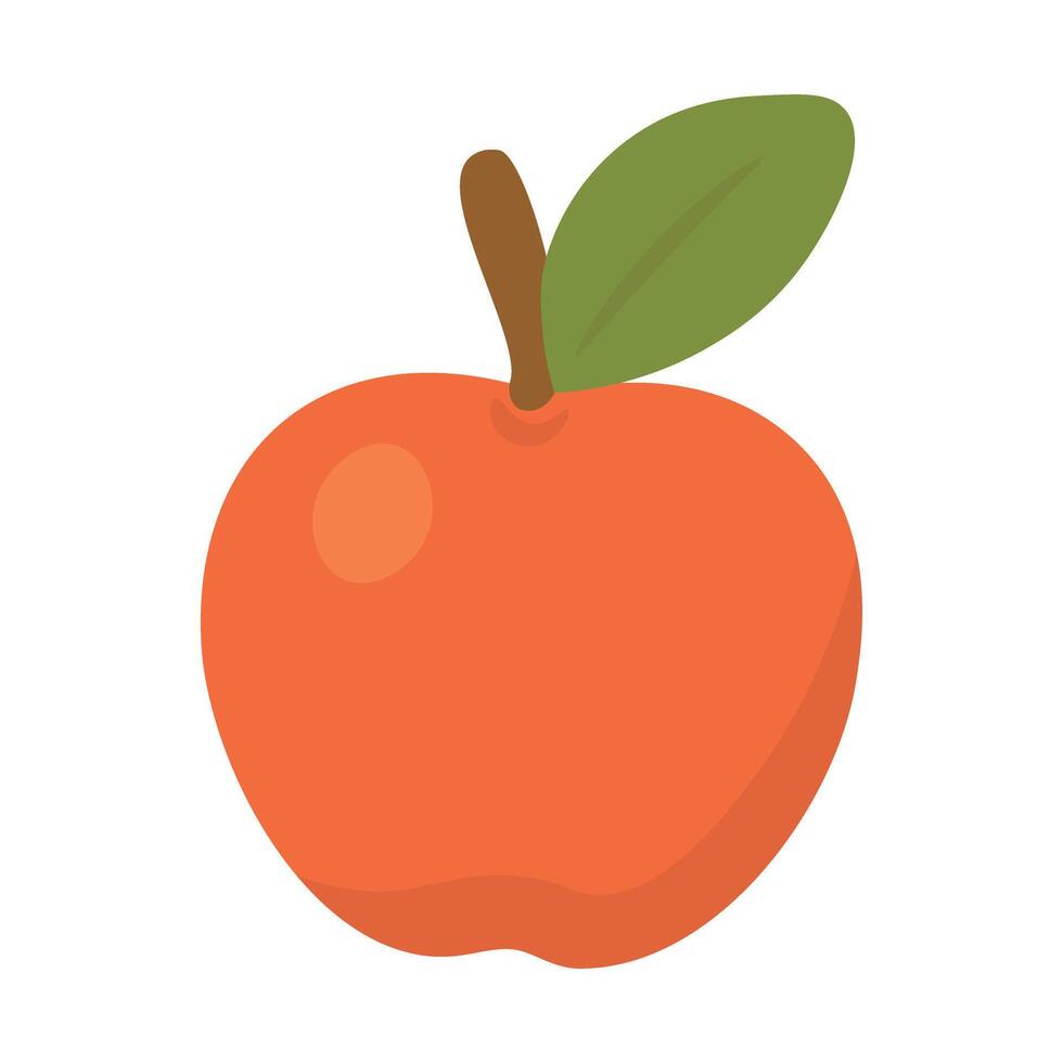 Bright red cartoon apple with green leaf and brown stem. Flat illustration on white background. vector