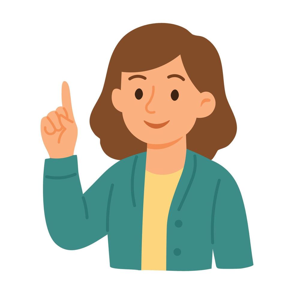 Smiling female teacher pointing up with finger. Flat cartoon illustration on white background. vector