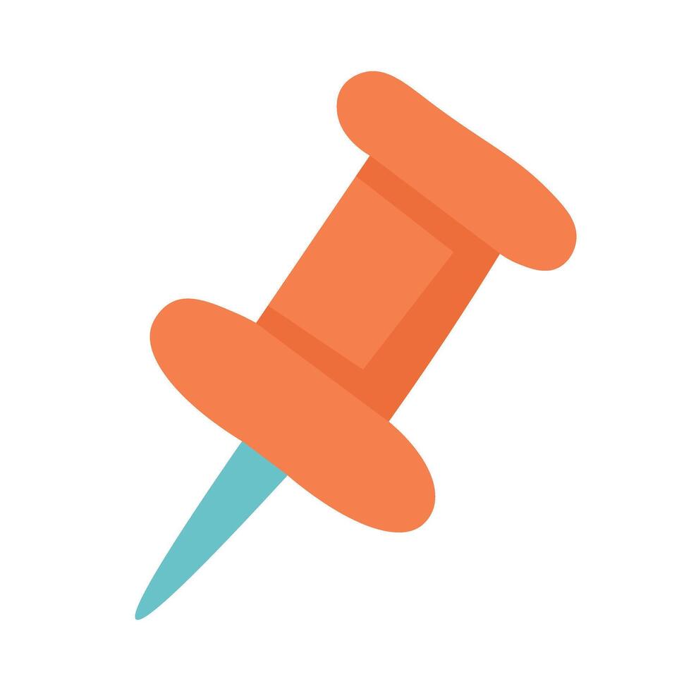 Bright orange push pin with blue tip in flat cartoon style. Office or school stationery isolated on white background. vector