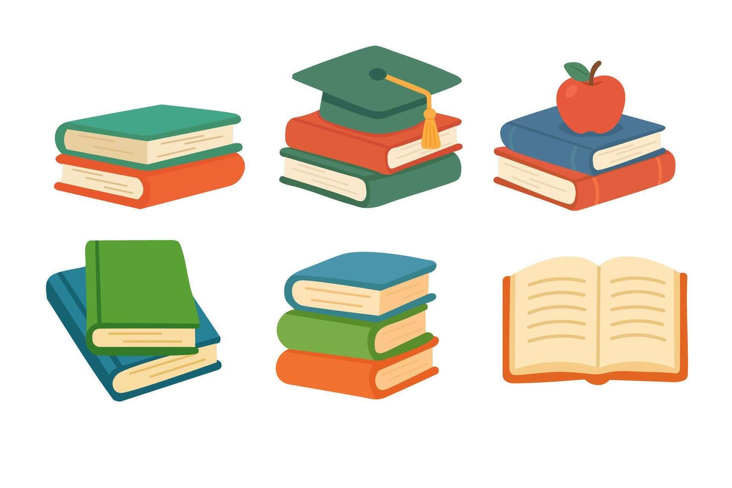 Flat cartoon style book set with stacked, open books and school symbols. illustration for education. vector