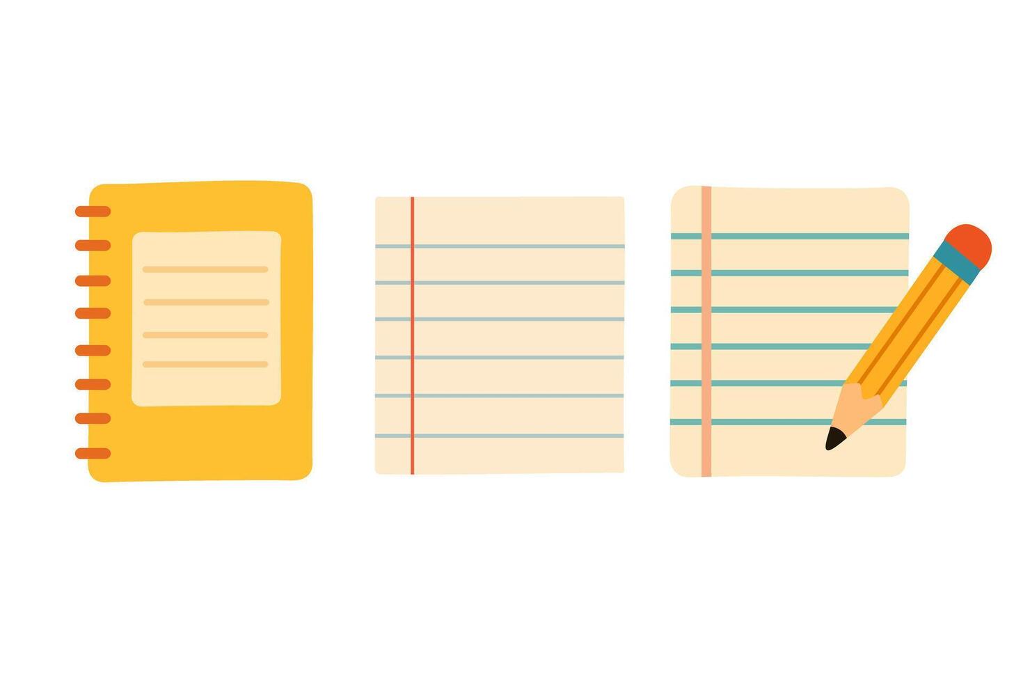 Flat set of notebook, ruled paper sheets and pencil. Cartoon illustration for school and education design. vector