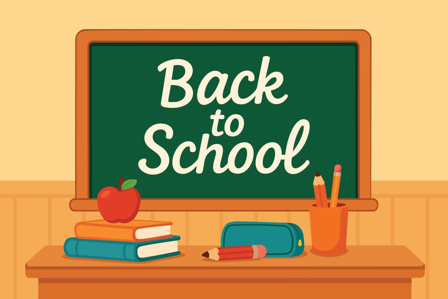 Back to school message on chalkboard with books, pencils, apple, and pencil case. Flat cartoon illustration. vector