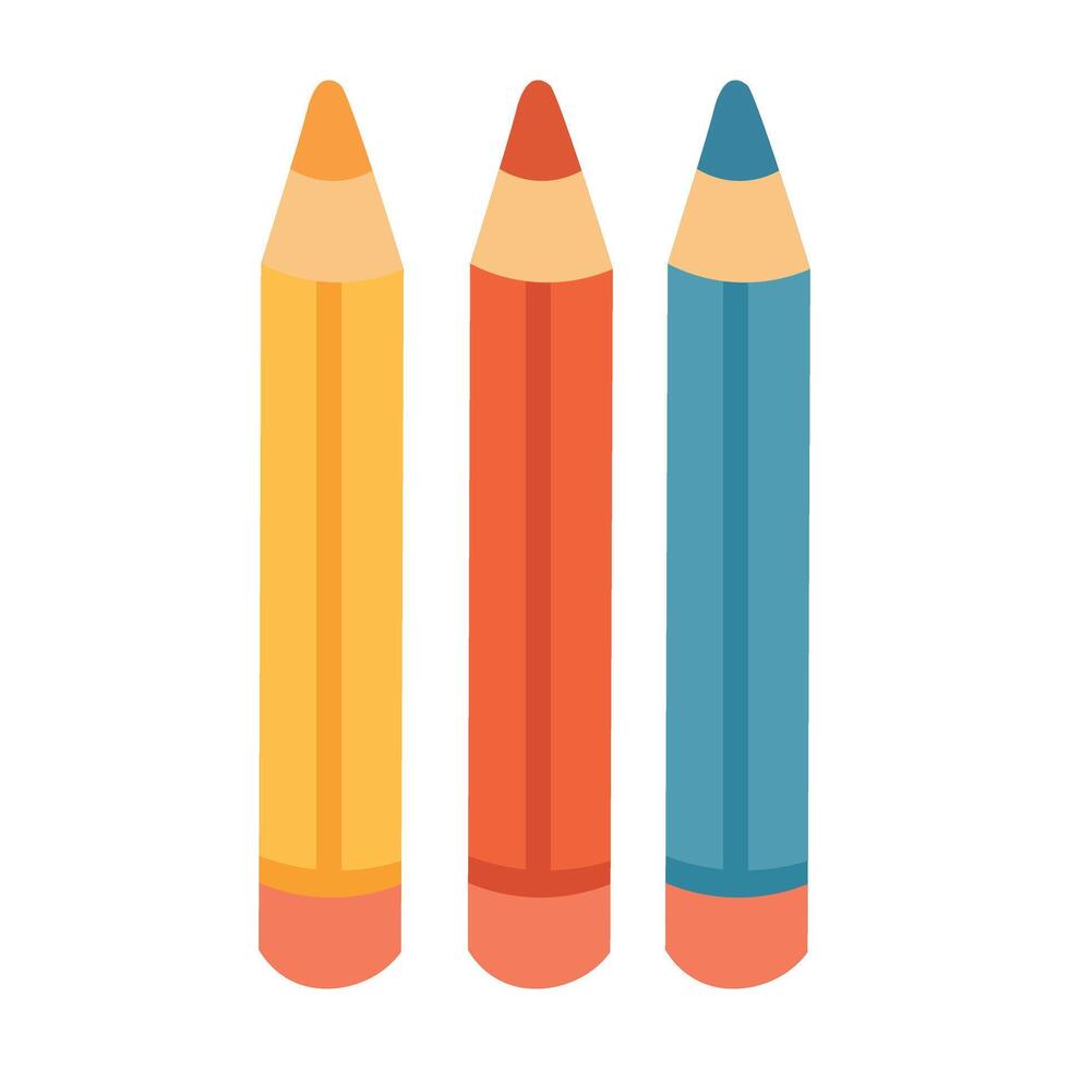 Set of three colorful pencils in flat cartoon style. Red, blue, and yellow school supplies for drawing and writing. vector