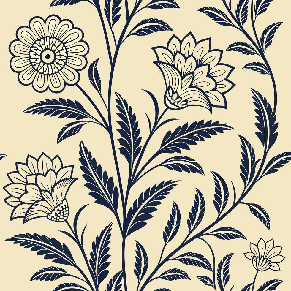 Mughal-Inspired Repeating Textile Pattern Traditional Ornate Floral Arabesque Symmetrical Design Cultural Heritage Art Background vector