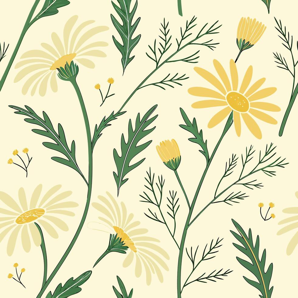 Seamless watercolor daisy pattern delicate chamomile flowers botanical soft brushstrokes vector