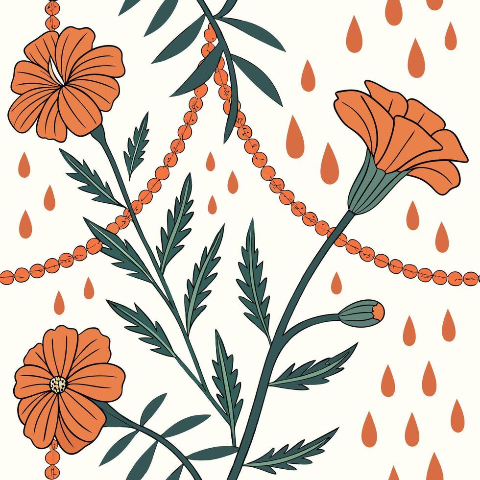 Traditional Indian Monsoon Floral Seamless Pattern with Marigold Garland for Ethnic Textile and Festive Decor vector
