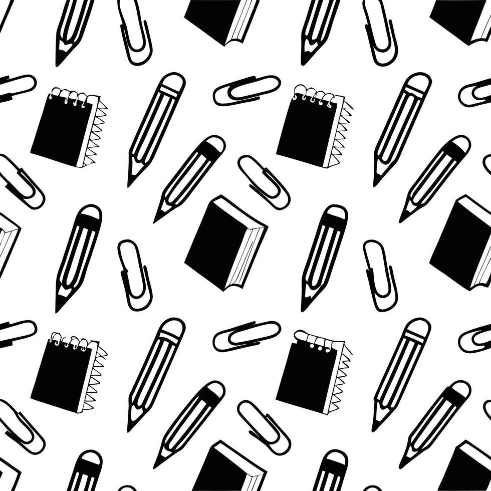 Seamless hand-drawn stationery pattern pencils notebooks paper clips doodle design vector