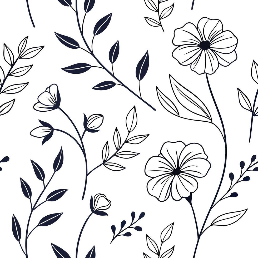 Seamless single line floral pattern continuous flow minimalist botanical design vector