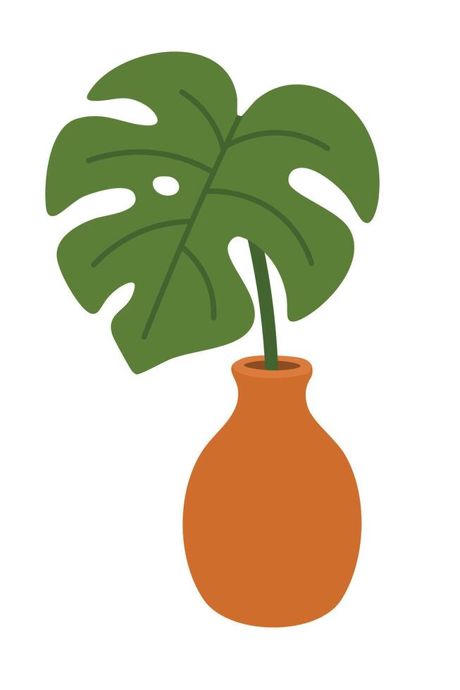 Flat cartoon monstera leaf in terracotta vase. Calm botanical element for yoga or spa decor. vector