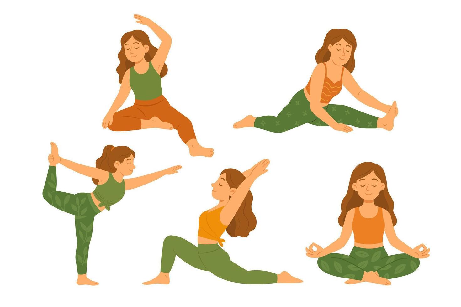 Flat cartoon illustration of girls doing yoga exercises in different postures for wellness and peace. vector