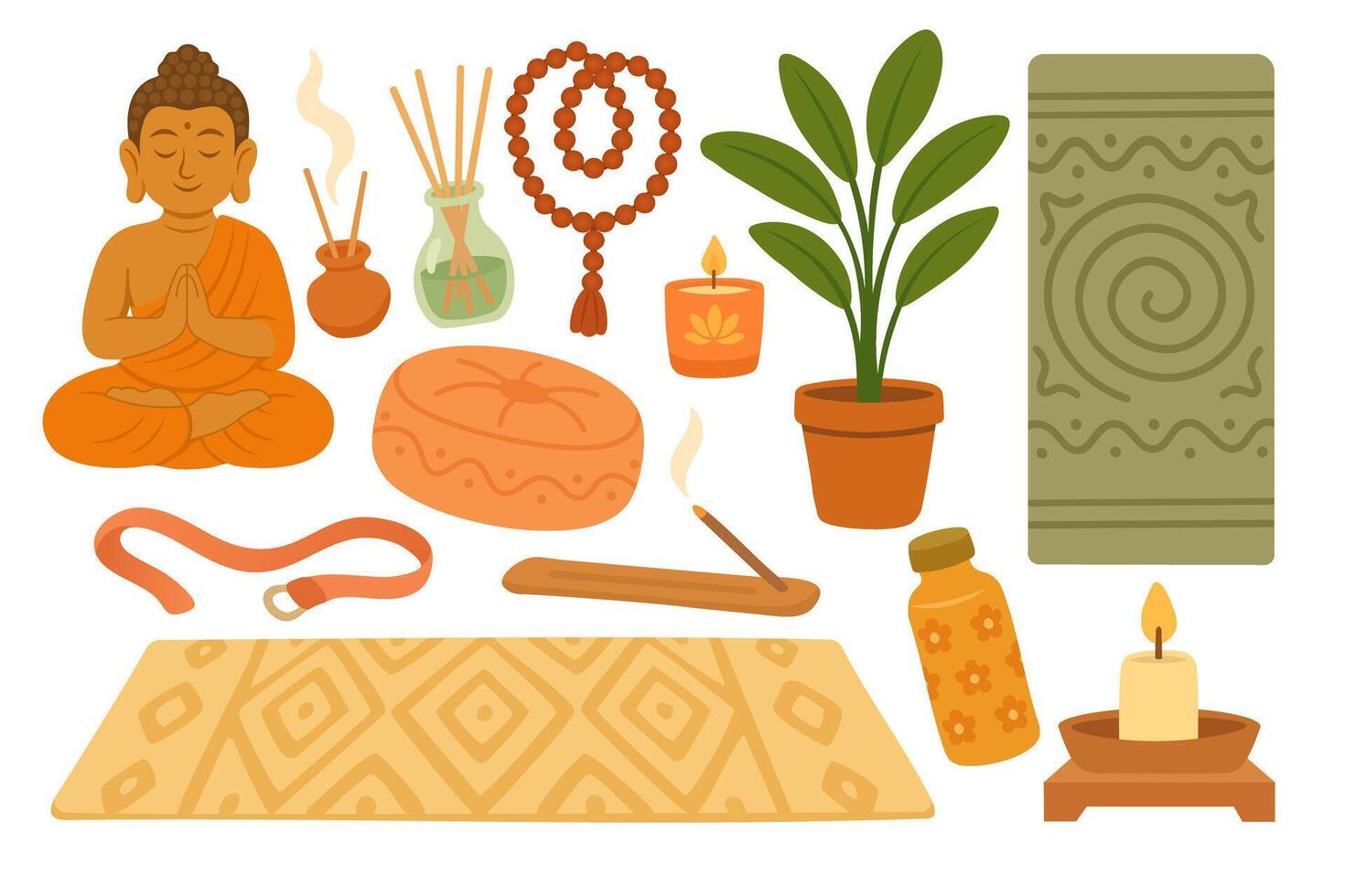 Colorful yoga items including mat, accessories and decor in relaxing style. vector